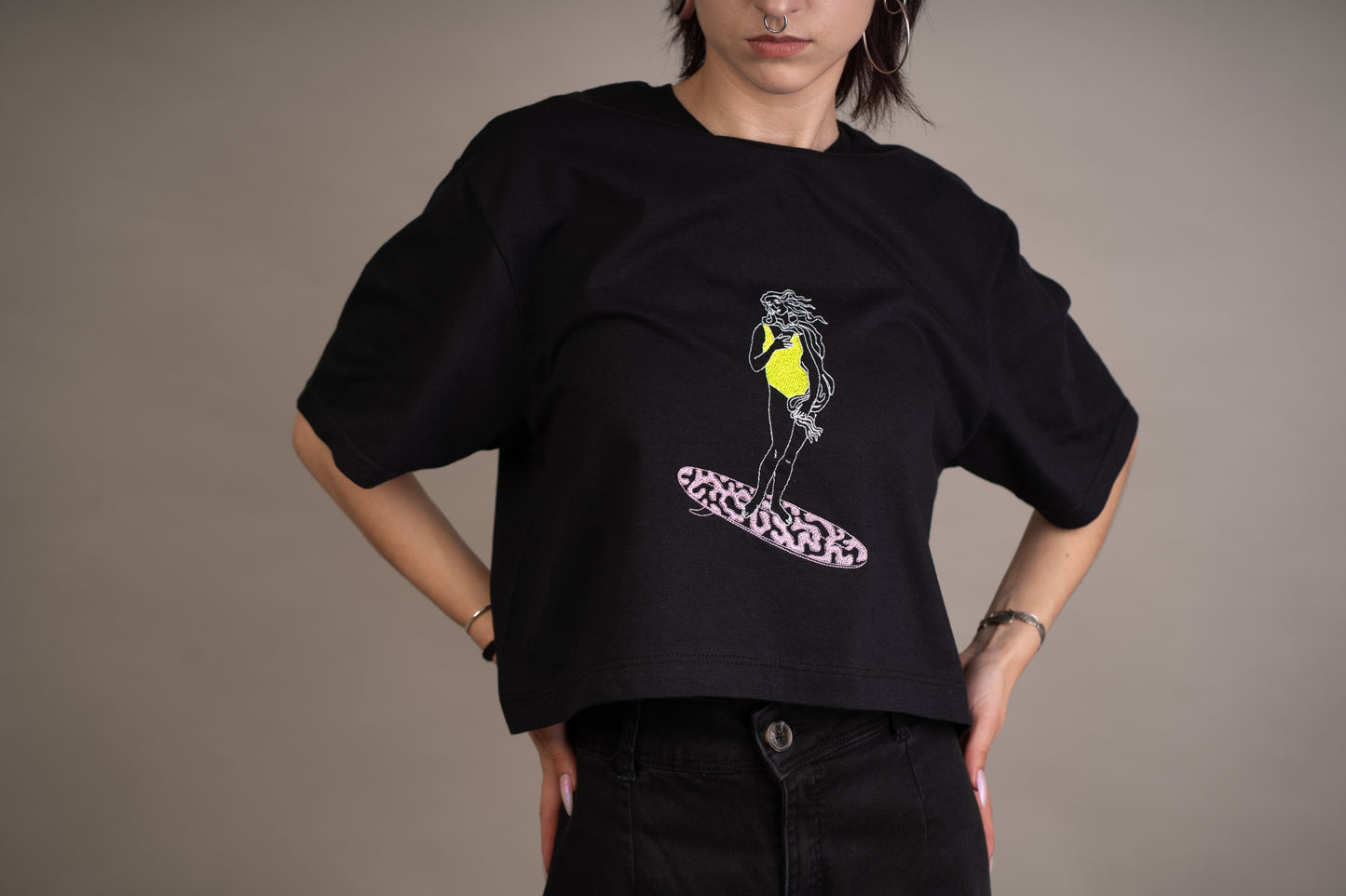 Women's top with Venus on surfboard embroidery