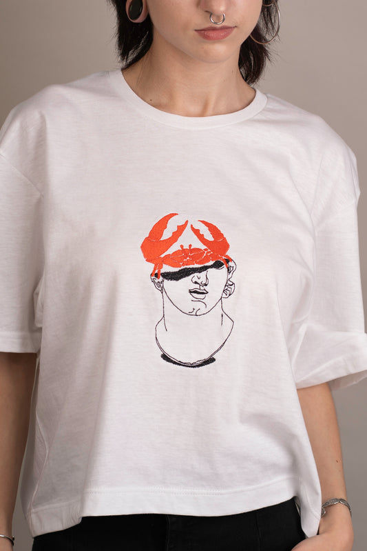 Women's graphic crop top with crab on statue embroidery
