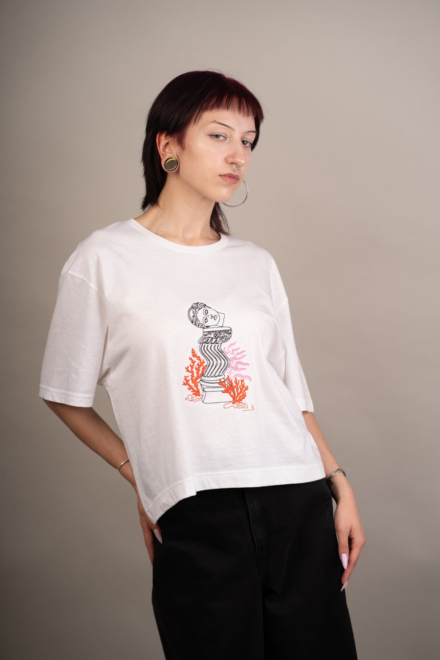 Women's graphic crop top with Aphrodite and coral embroidery