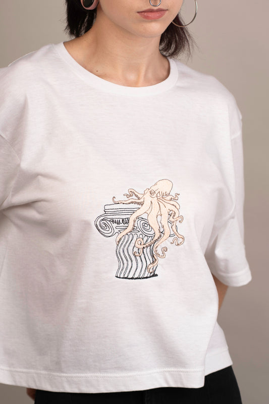 Women's graphic crop top with octopus embroidery