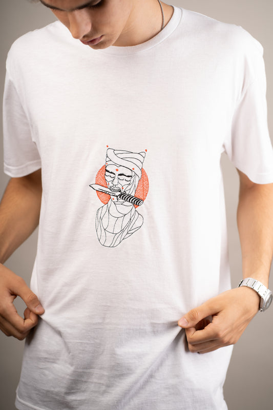 Men's graphic T-shirt with knife in mouth embroidery