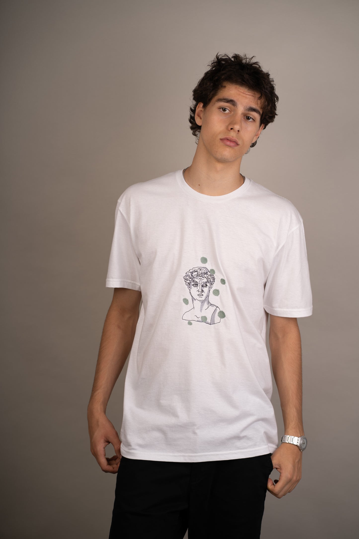 Men's graphic T-shirt with "David seeing spots" embroidery