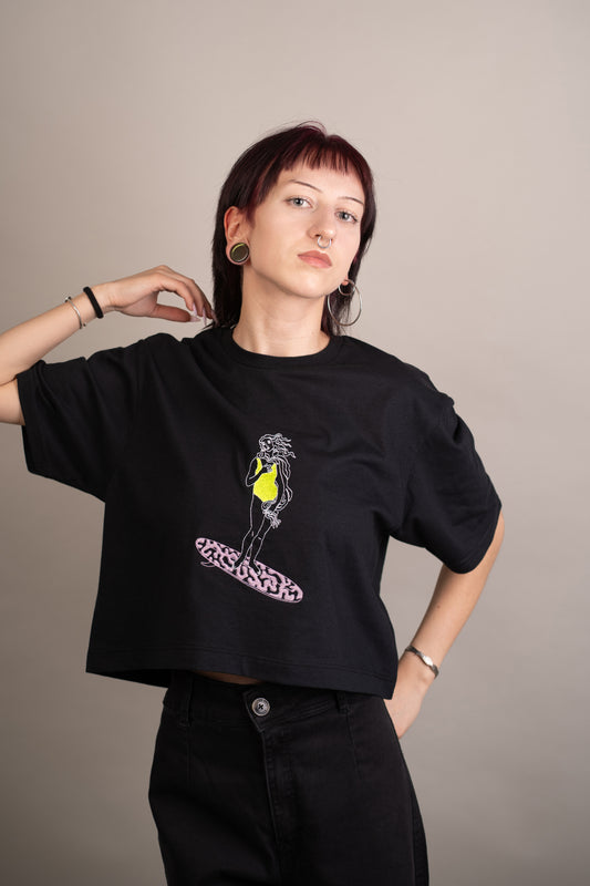 Women's top with Venus on surfboard embroidery