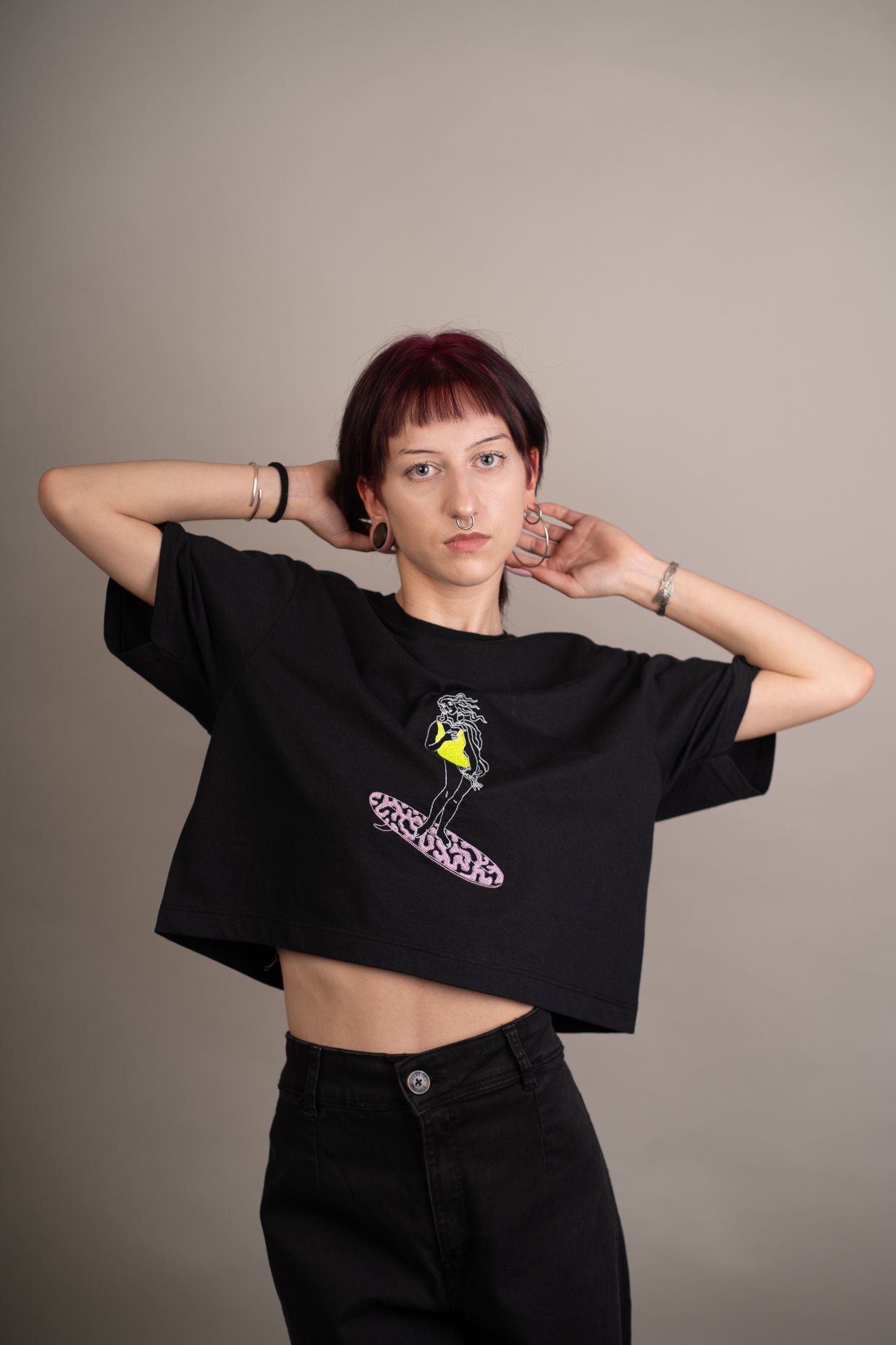 Women's top with Venus on surfboard embroidery
