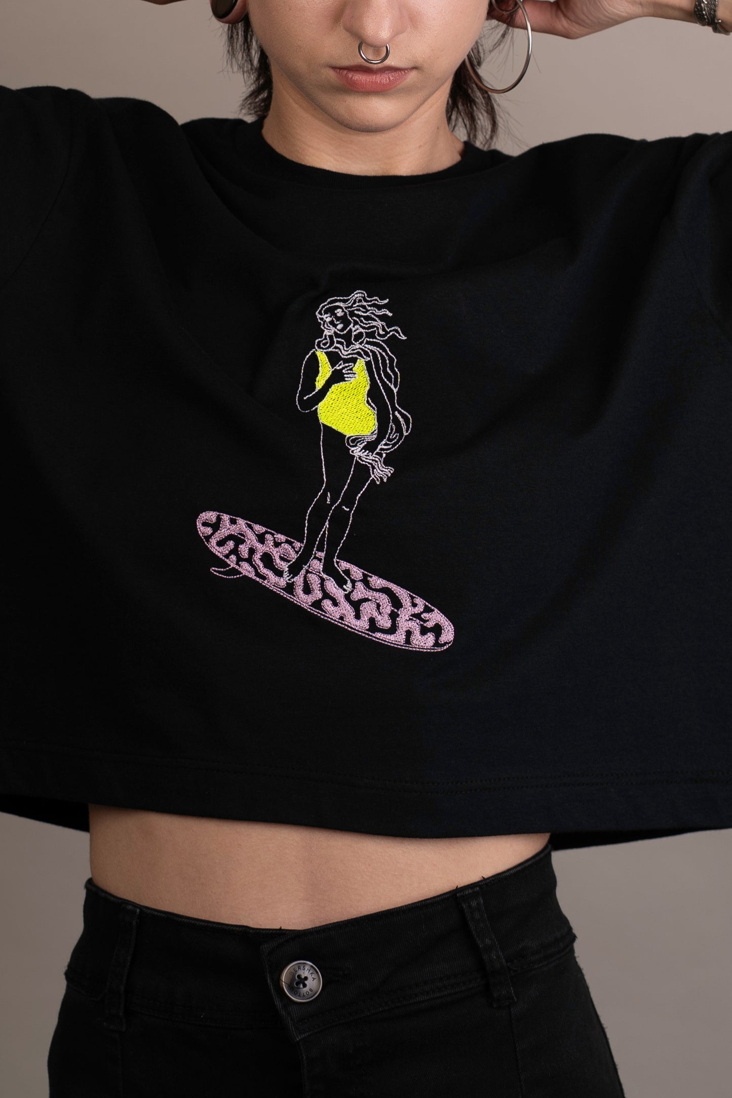 Women's top with Venus on surfboard embroidery
