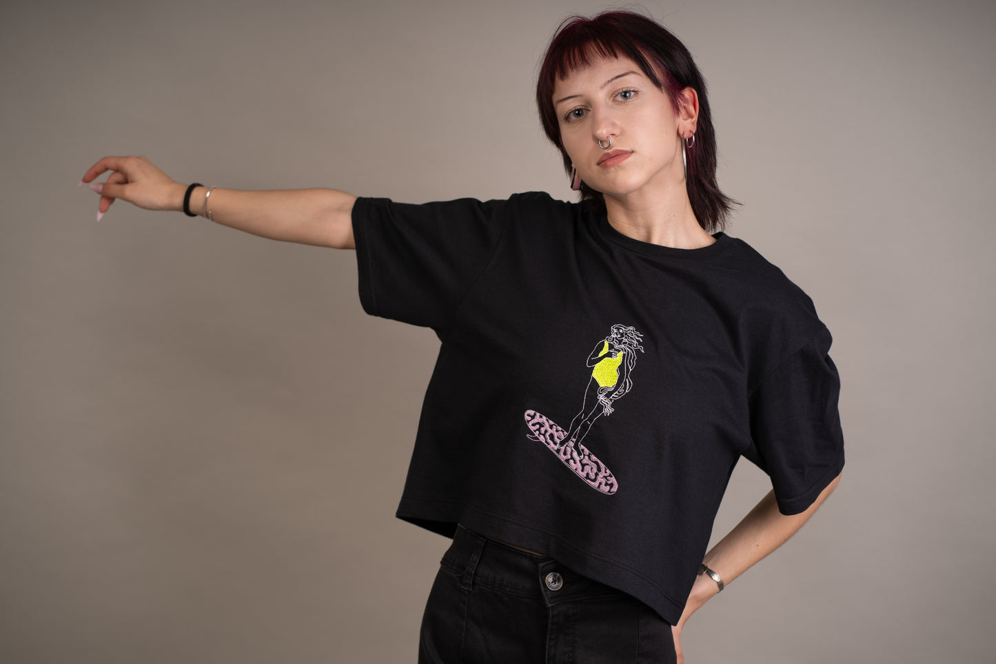 Women's top with Venus on surfboard embroidery