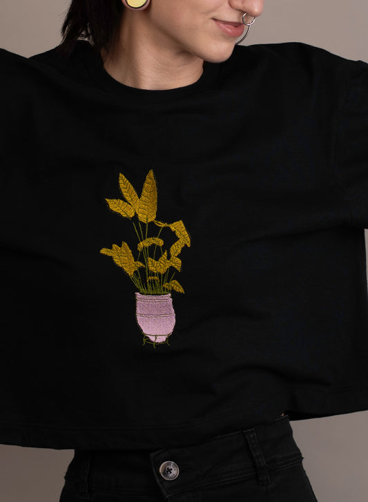 Women's graphic crop top with plant embroidery