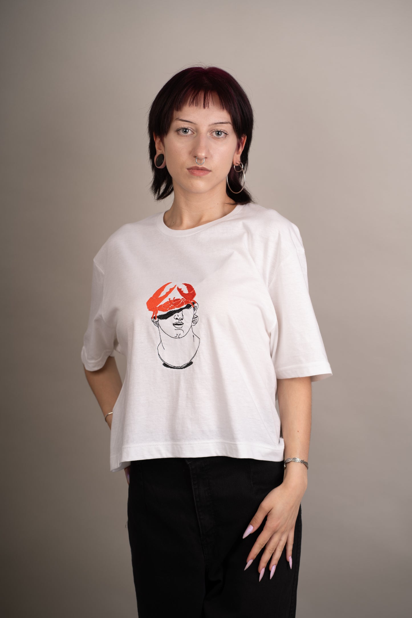 Women's graphic crop top with crab on statue embroidery
