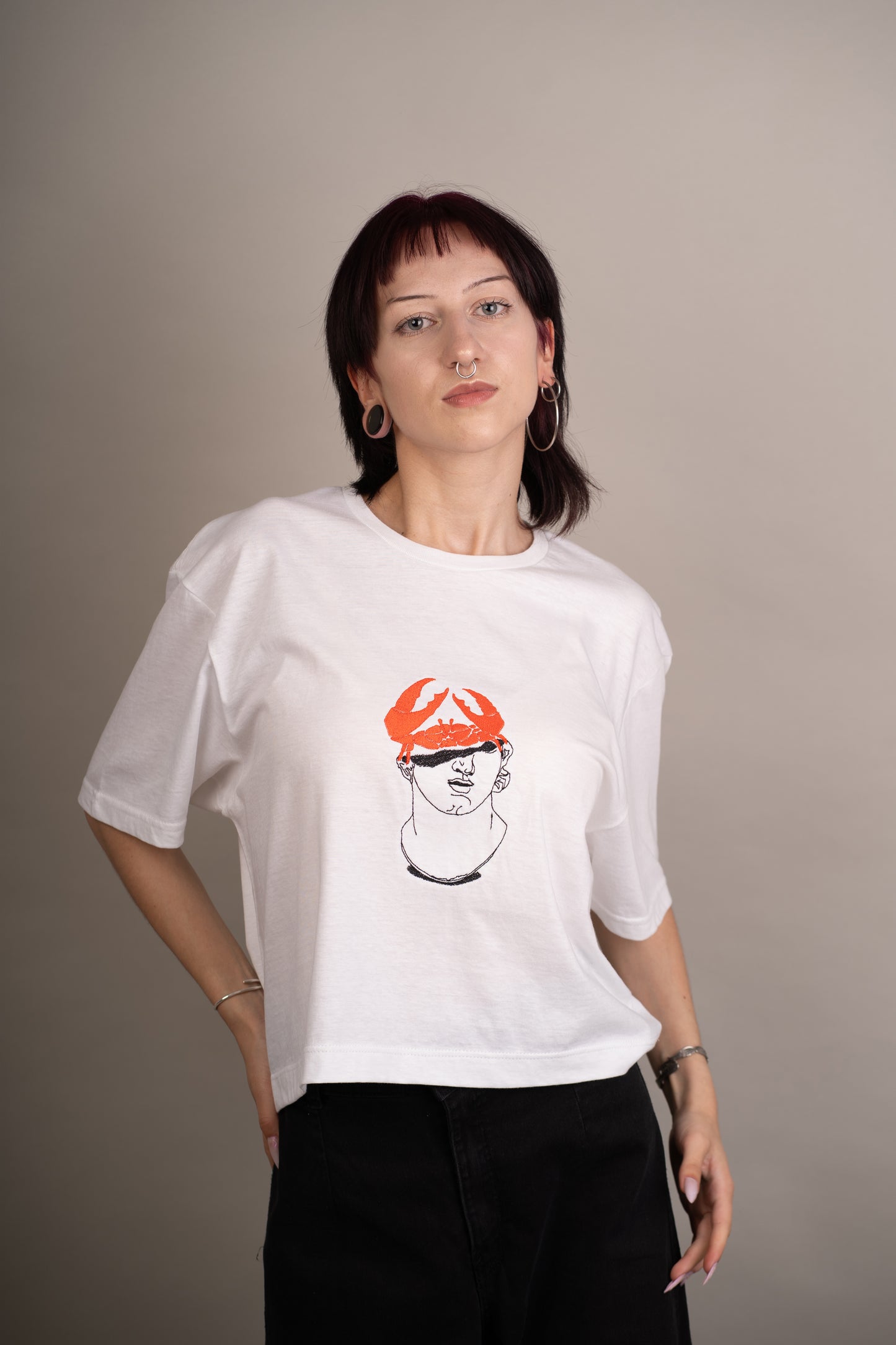 Women's graphic crop top with crab on statue embroidery