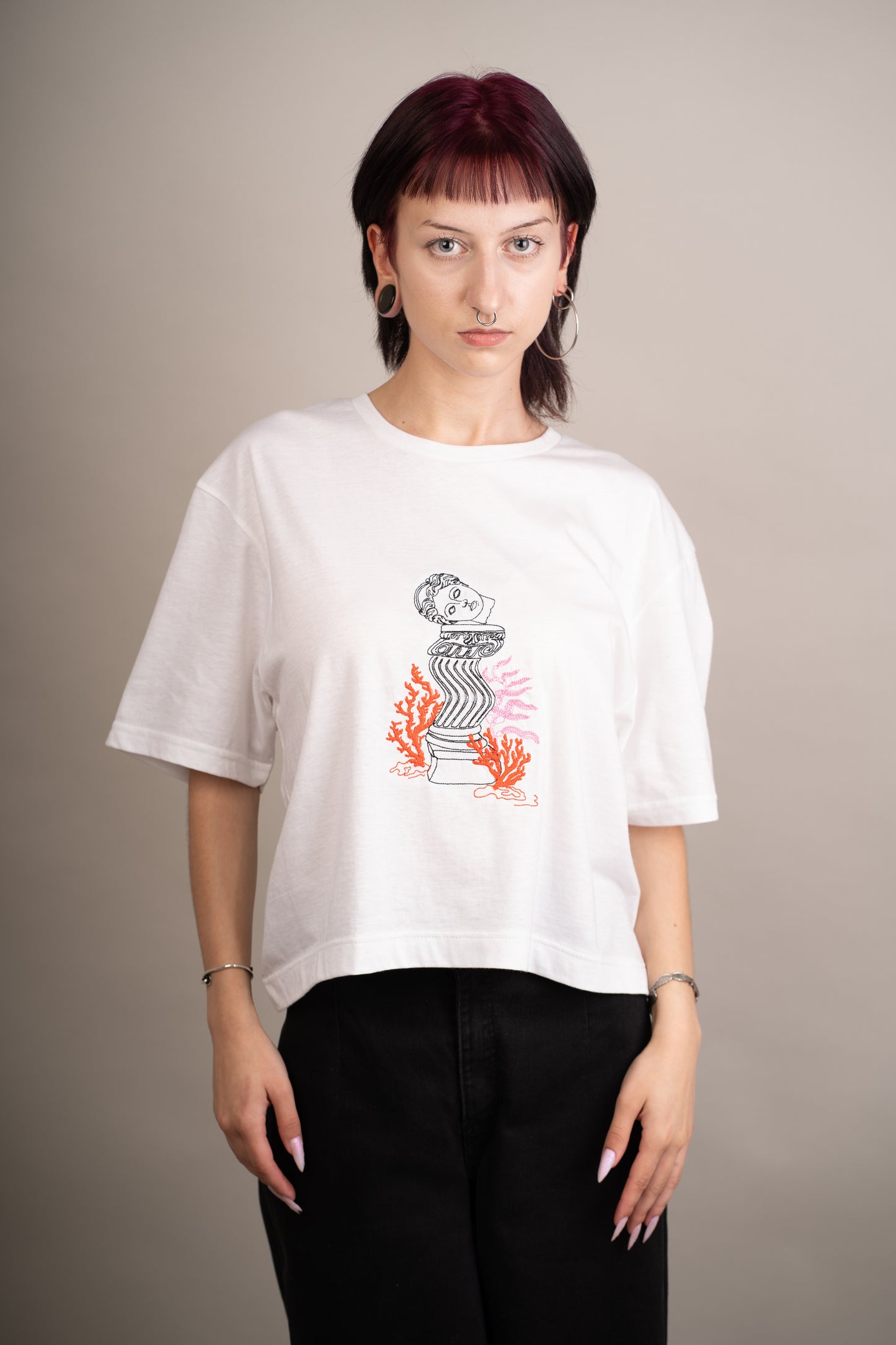 Women's graphic crop top with Aphrodite and coral embroidery