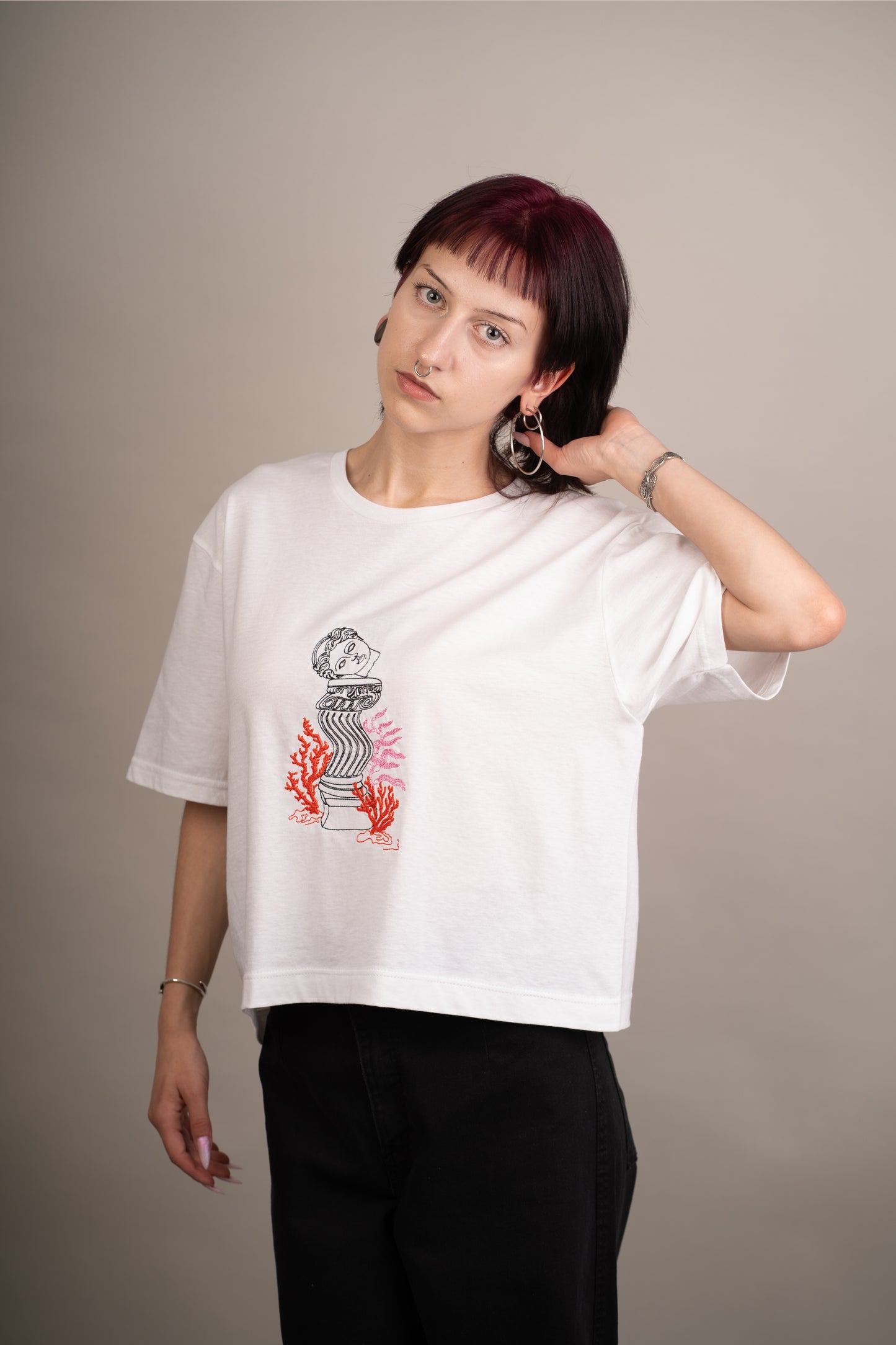 Women's graphic crop top with Aphrodite and coral embroidery