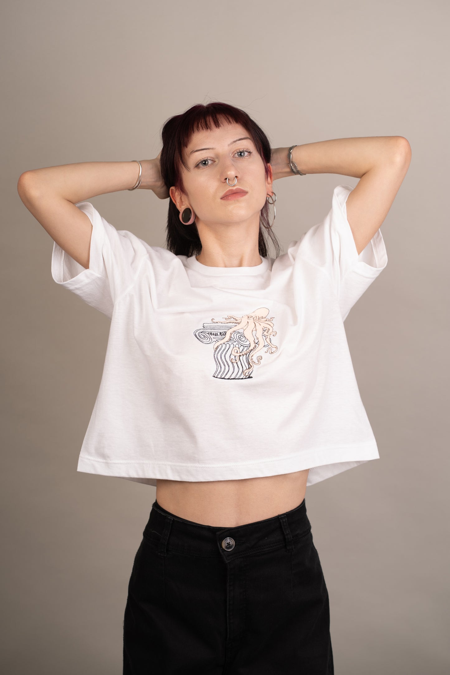 Women's graphic crop top with octopus embroidery