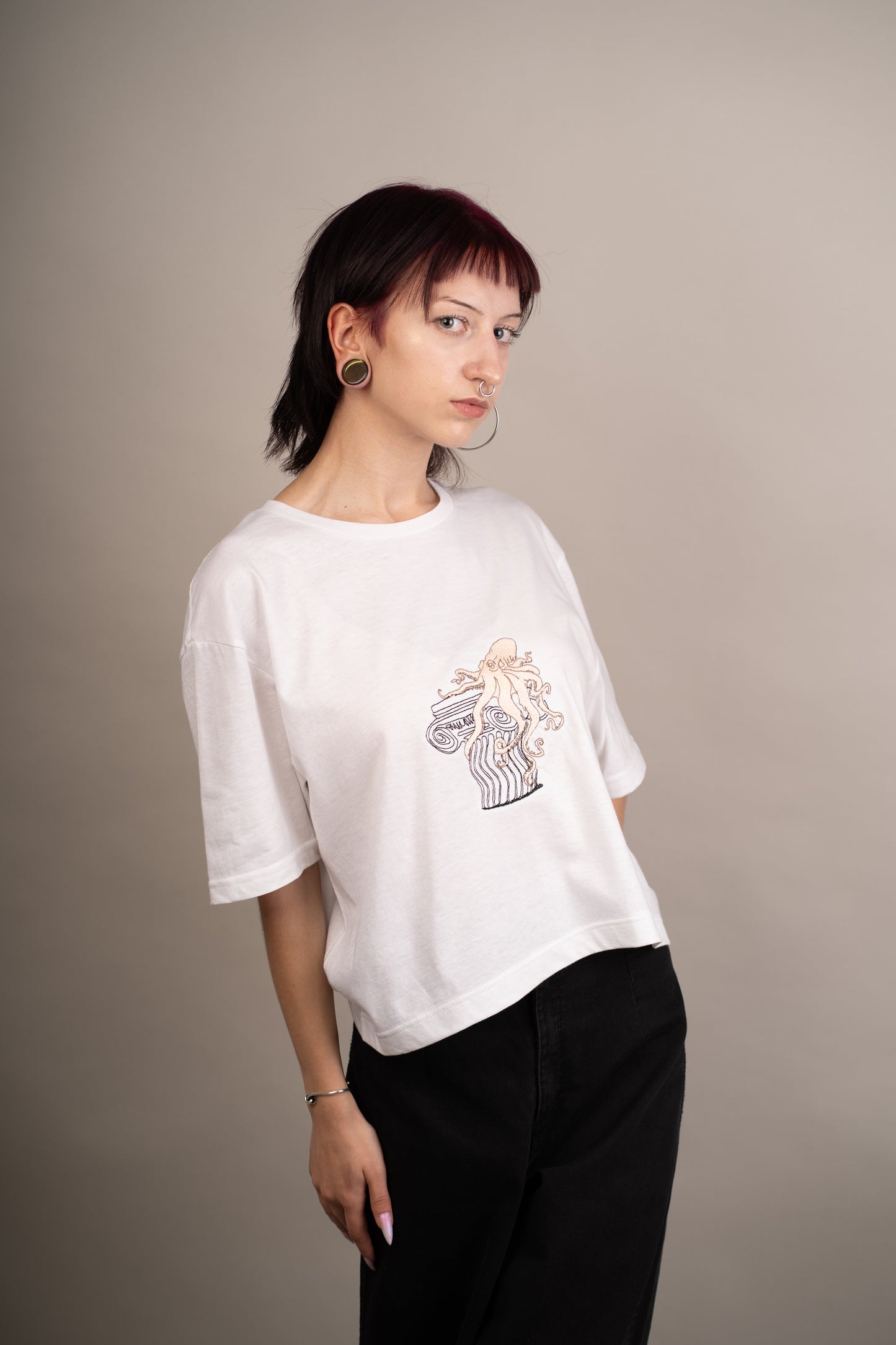 Women's graphic crop top with octopus embroidery