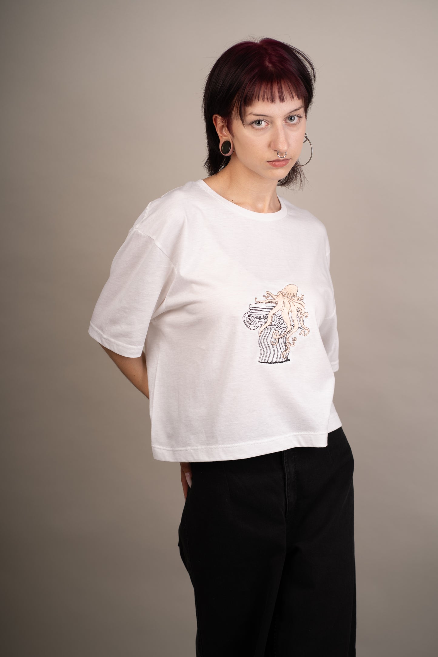 Women's graphic crop top with octopus embroidery