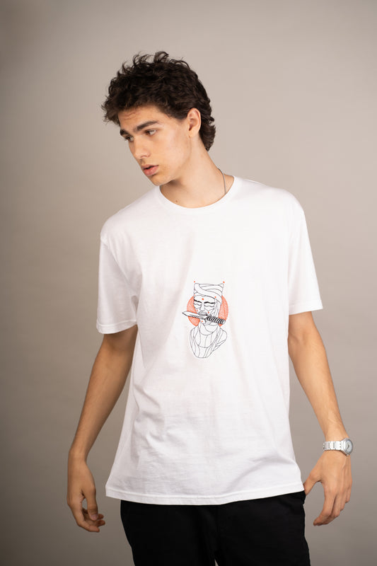 Men's graphic T-shirt with knife in mouth embroidery