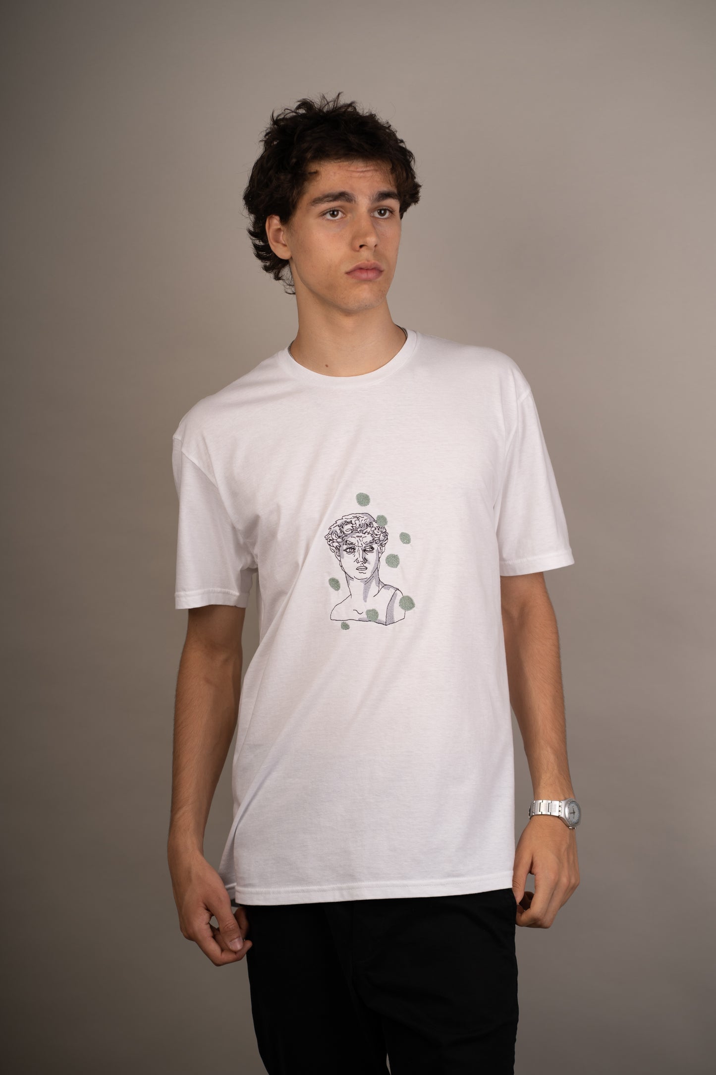Men's graphic T-shirt with "David seeing spots" embroidery
