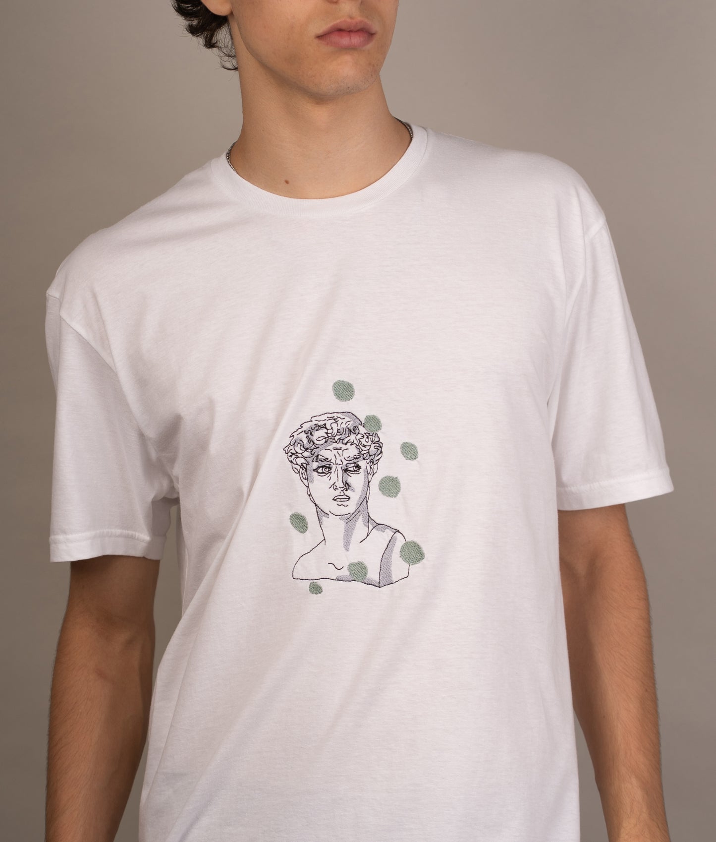 Men's graphic T-shirt with "David seeing spots" embroidery