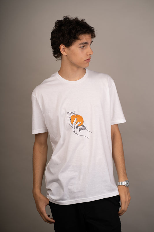 Men's graphic T-shirt with orange embroidery on chest