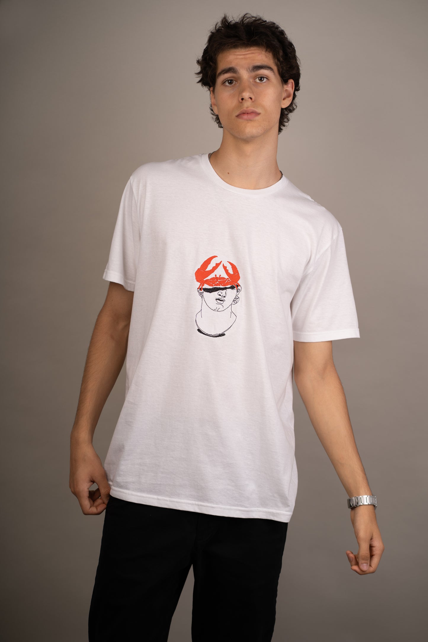 Men's graphic T-shirt with crab on statue embroidery